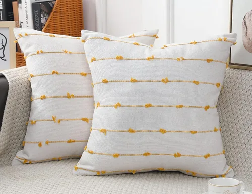 NUYECY juego de 2 fundas de cojín bohemias de 22 x 22 pulgadas, color beige y amarillo neutro, con borla y franja decorativa, fundas de cojín