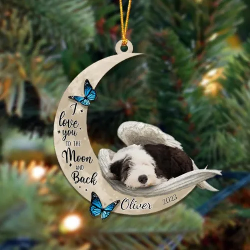 Miniatura 31 de Adorno colgante personalizado de ángel durmiendo en la luna, perro sabueso afgano, nombre personalizado, acrílico impreso en 2D plano – cumpleaños