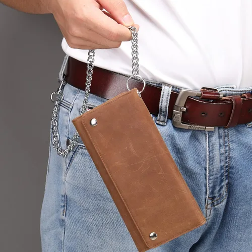 Miniatura 6 de Cartera de piel auténtica con tres pliegues para hombre con cadena cartera de motociclista con cadena larga y resistente Marrón largo