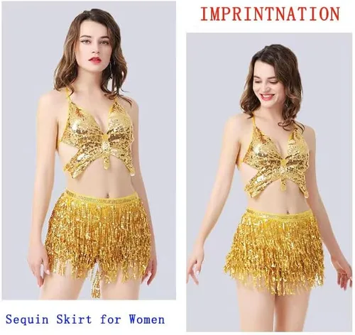 Miniatura 2 de Falda de danza del vientre con lentejuelas brillantes, bufanda bohemia con borlas para mujer, disfraz de rave