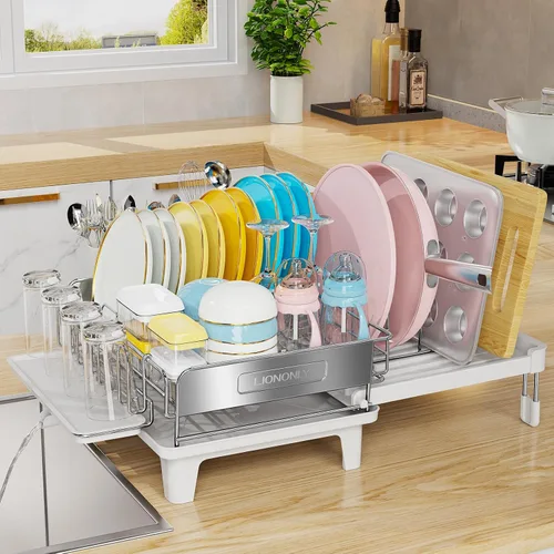 Miniatura 9 de Escurridor de platos expandible para encimera de cocina, acero inoxidable 304, placa retráctil abatible, ajustable multidireccional, estante