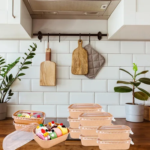 Miniatura 4 de 60 cuencos desechables de papel kraft a granel, rectángulo, extragrueso, a prueba de fugas, recipiente de alimentos con tapa de plástico
