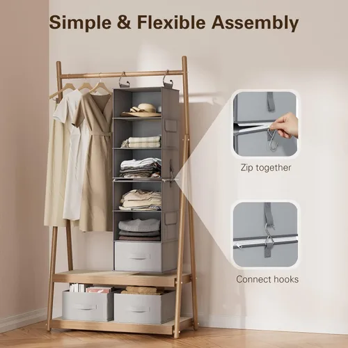 Miniatura 4 de Pipishell Organizador colgante de armario de 6 estantes con 2 estantes separables de 3 niveles, 3 cajones y bolsillos laterales, organizadores