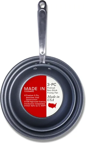 Made In Cookware - Juego de sartenes antiadherentes ProCoat de 3 piezas (incluye 8", 10", 12") - Acero inoxidable revestido de 5 capas - Utensilios