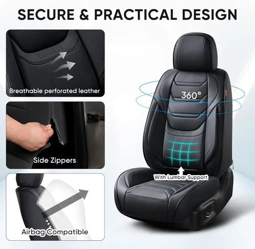 Miniatura 6 de TIEHESYT Fundas negras para asientos delanteros de automóvil, par de fundas de asiento delantero y reposacabezas de cuero transpirable para una