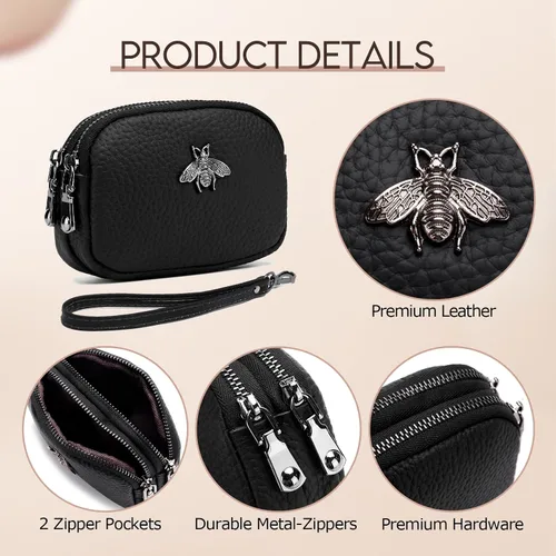 Miniatura 5 de imeetu Monedero de cuero para mujer, cartera pequeña con 2 bolsillos con cremallera