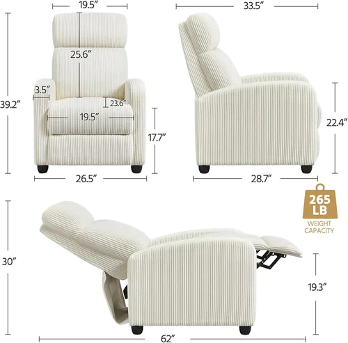 Miniatura 3 de Yaheetech Silla reclinable de pana para sofá individual, asiento de cine en casa, silla reclinable moderna ajustable para sala de estar, dormitorio