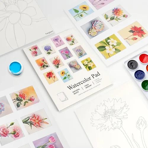 Miniatura 2 de RGBMIX Libro de papel de acuarela de 12 hojas con flores, 6x8'' Papel para acuarela, bloc de papel para colorear, pintura para alivio del estrés