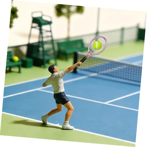 Miniatura 5 de Miniatures 3 juegos de mini raqueta de tenis, accesorios para casa de muñecas 1:12, mini raqueta de tenis deportiva y juego de pelota para mini casa