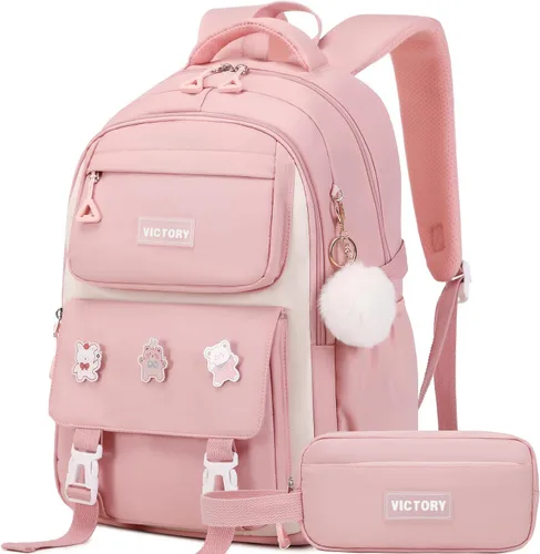 Miniatura 7 de AO ALI VICTORY Mochila para mujeres y niñas, conjunto con estuche para lápices de 15.6 pulgadas, mochila escolar para computadora portátil, mochila