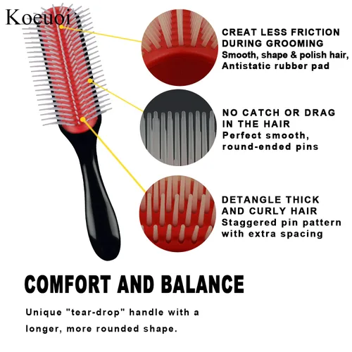 Miniatura 2 de Cepillo clásico de peinado para cabello rizado húmedo o seco. Cepillo negro de 9 filas para desenredar, separar y dar forma rojo (1 pieza)