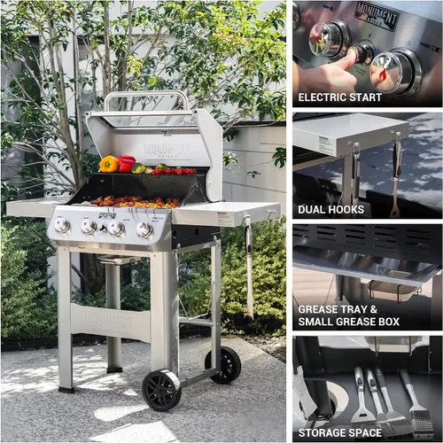 Miniatura 2 de Monument Grills Mesa400MF Mesa400MF - Parrilla de gas propano líquido de 4 quemadores, parrilla de acero inoxidable plateado para patio al aire