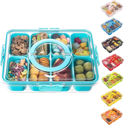 Miniatura 11 de Dingerjar Bandeja dividida para servir con tapa y asa, contenedor de charcutería para aperitivos portátiles, organizador transparente para dulces