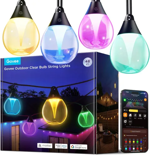 Govee Tira de luces transparentes para exteriores, luces RGBWIC regulables de 48 pies para patio y patio trasero con 15 bombillas LED, 111 modos,
