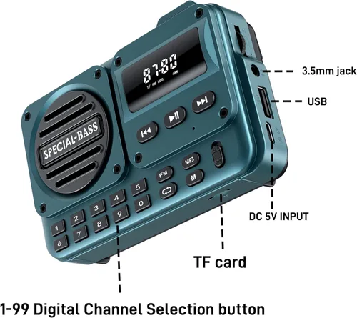 Miniatura 6 de Radio de bolsillo FM con carga USB-C, 2000 mAh, recargable, excelente recepción, altavoz transparente y conector para auriculares, pantalla LCD