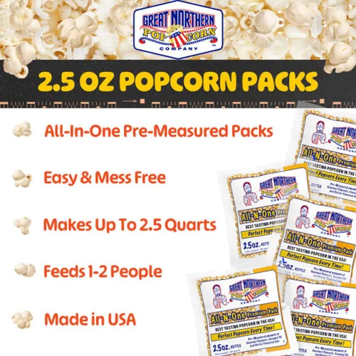Miniatura 5 de Great Northern Popcorn Packs - Paquetes de palomitas de maíz estilo cine, 2.5 onzas, todo en uno, sal, paquetes de aceite para máquinas de reventar