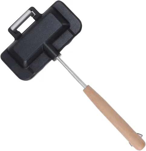 Miniatura 5 de Fdit Sartén de doble cara para hornear de aleación de aluminio, sartén para sándwiches con mango de madera maciza, tostadora antiadherente