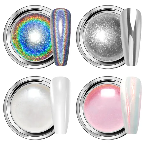 Miniatura 18 de 【Efecto espejo metálico n.º 1】Polvo de uñas cromado dorado LEDSUUEI – Polvo holográfico Aurora iridiscente perlado dorado cromado, blanco, perla