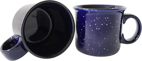 Miniatura 3 de Taza de café de cerámica de 14 onzas (juego de 4), color azul con acabado moteado, taza duradera de pared gruesa estilo campamento para exteriores