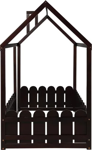 Miniatura 6 de Merax House Bed Twin Size Wood Bed Frame with Roof and Fence for Girls, Boys, Weight Capacity No Limit (Espresso)