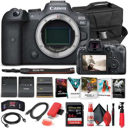 Canon Cámara digital sin espejo EOS R6 (solo cuerpo) (4082C002) + tarjeta de memoria de 64 GB + funda + software de foto Corel + batería LPE6 +