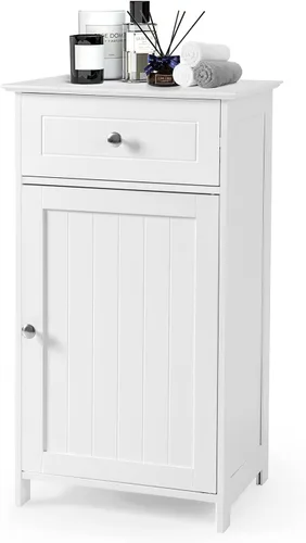 Miniatura 11 de GLACER Armario de suelo de baño, gabinete de almacenamiento lateral de una sola puerta con cajón, organizador de almacenamiento de madera para baño