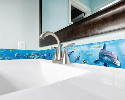 Miniatura 4 de FLFK Cenefa de papel tapiz despegable y pegable, calcomanías de pared para habitación de niños - Murales de calcomanías de peces bajo el mar, 4" x
