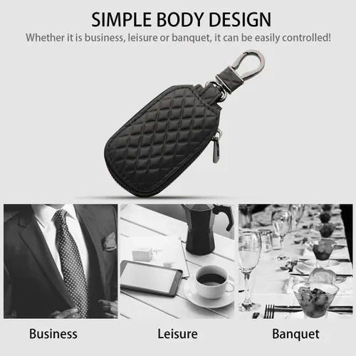 Miniatura 5 de BELOMI Estuche para llaves de auto, funda de llave remota de cuero genuino, llavero con gancho de metal, bolsa con cremallera para llave de vehículo