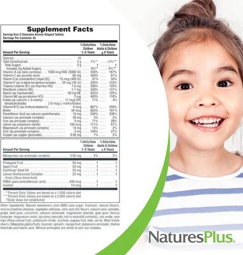 Miniatura 6 de Natures Plus Animal Parade - Multivitamínico masticable para niños, 90 tabletas en forma de animal, sabores surtidos naturales, vegetariano, sin