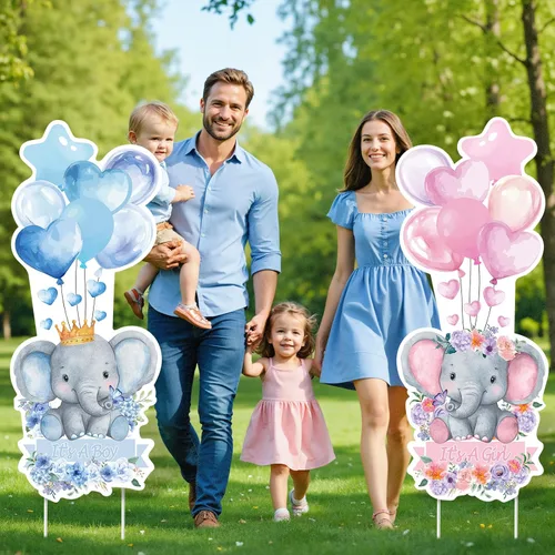 Miniatura 4 de 2 juegos de letreros de plástico para baby shower con estacas, decoraciones al aire libre para revelación de género, azul y rosa, letrero de patio
