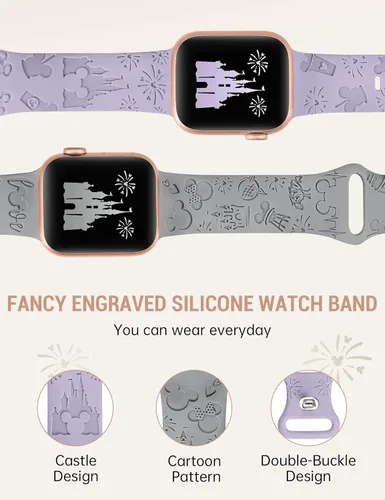 Miniatura 3 de 2 paquetes de correas grabadas con dibujos animados compatibles con Apple Watch de 38/40/41/42/44/45/46/49 mm, correa de silicona suave y linda