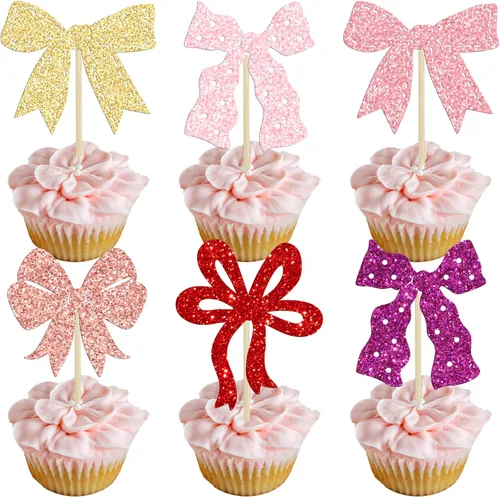 Miniatura 24 de Ephlyn 24 Piezas Adornos para Cupcakes con Lazo Rosa - Decoraciones de Cupcakes con Moño para Nupcial, Baby Shower, Fiesta Temática de Boda - Negro