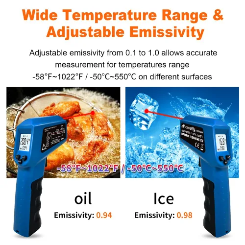 Miniatura 6 de Termómetro infrarrojo pistola de temperatura -58℉~ 716℉ (-58.0 °F ~ 716.0 °F) Termómetro infrarrojo láser digital sin contacto con luz de fondo,