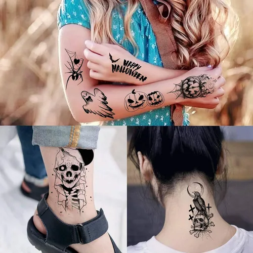 Miniatura 6 de 52 hojas de tatuajes temporales de Halloween para niños, niñas, mujeres, hombres, adultos, 3D de cara aterradora, calavera, tatuajes falsos