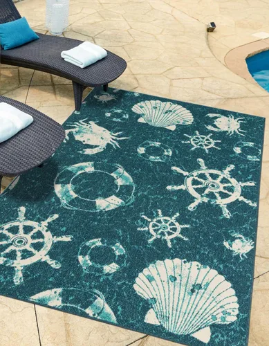 Miniatura 10 de Unique Loom Outdoor Coastal Collection - Alfombra Marmaris (2 pies x 6 pies 1 pulgada, color marfil/azul marino)