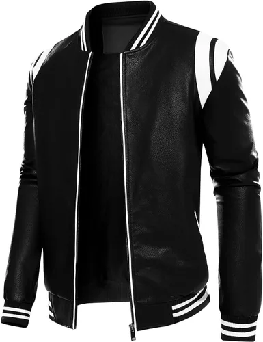 Miniatura 5 de chuida Chaqueta Bomber de Motocicleta de Cuero Sintético PU para Hombre, Cuello de Pie, Forro Polar, Resistente al Viento, Ligera, Abrigos