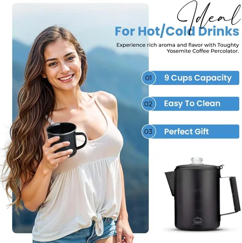 Miniatura 6 de Cafetera Percoladora Toughty Yosemite – Cafetera Clásica de Estufa para Acampar, Senderismo y Hogar, Olla Duradera de Acero Inoxidable, Compatible