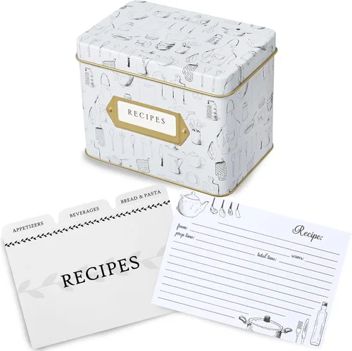 Miniatura 9 de Jot & Mark Caja de regalo para tarjetas de recetas, 50 tarjetas de 4 x 6 pulgadas, 14 divisores, caja de lata decorativa, patrón floral