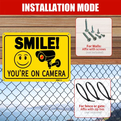 Miniatura 2 de Paquete de 2 letreros de seguridad divertidos de 10 x 7 pulgadas con cara sonriente e icono de cámara, aluminio sin óxido, impresión UV y resistente