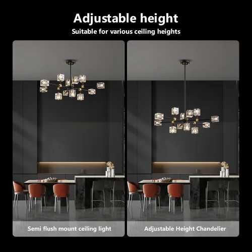 Miniatura 7 de Candelabro de Cristal Negro, Lámparas de Araña Sputnik con 12 Luces, Lámpara de Techo Moderna Ajustable en Altura Semiempotrada para Comedor, Isla