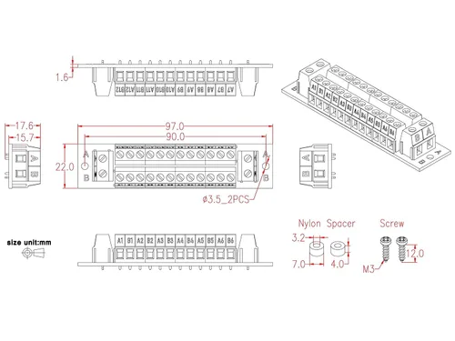 Miniatura 6 de OONO Módulo de distribución de bloque de terminales de posición 2x12 de 16 amperios para CA DC