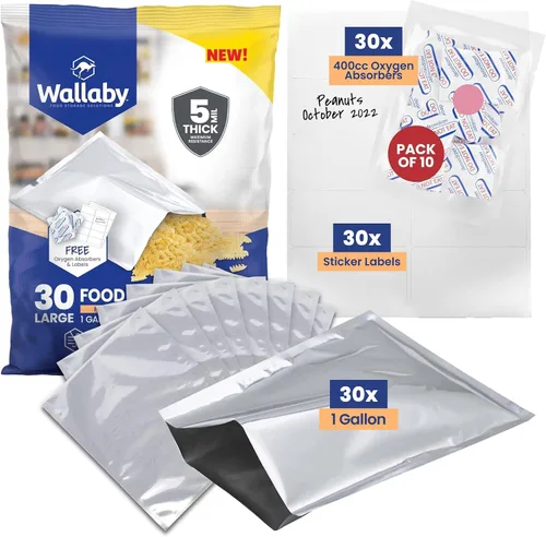 Wallaby 30 bolsas de Mylar de 1 galón con absorbentes de oxígeno de 400 cc, bolsas de almacenamiento de alimentos a largo plazo de 10 mil de grosor