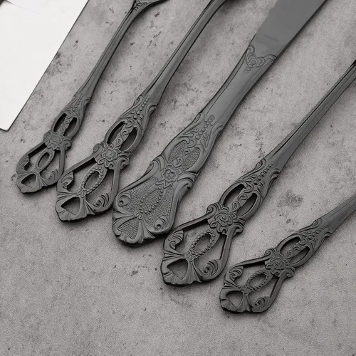 Miniatura 3 de Juego de cubiertos de lujo retro con mango hueco, 20 piezas, vajilla de espejo de acero inoxidable 18/0, cubiertos vintage, incluye cuchillo Negro