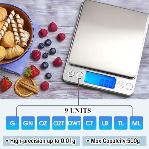 Miniatura 4 de Copkim Paquete de 2 básculas digitales de gramos, 17.64 oz/0.00 oz, báscula portátil de joyería para alimentos con accesorios de peso de calibración