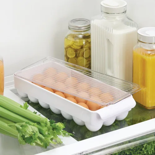 Miniatura 2 de iDesign - Soporte de plástico para huevos para refrigerador con tapa, contenedor de almacenamiento de 21 huevos, transparente y blanco