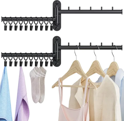 Miniatura 8 de Estante de secado de pared, 2 niveles con brazo oscilante, colgador de ropa plegable que ahorra espacio con 10 clips para lavandería, organizador