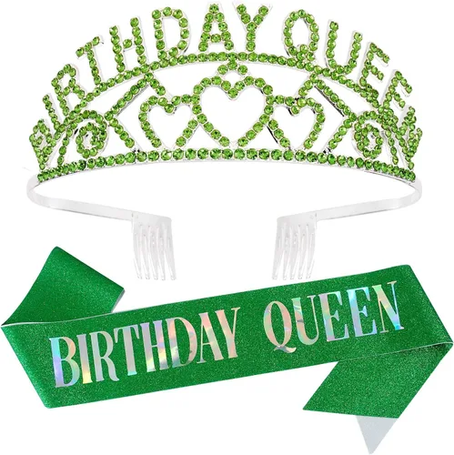 Semato Kit de tiara de diamantes de imitación y banda con purpurina, decoraciones de cumpleaños, suministros de fiesta y recuerdos (verde)