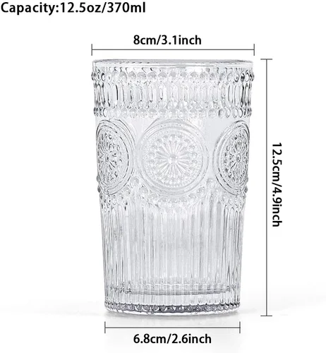 Miniatura 3 de MDLUU Vasos de agua en relieve, cristalería romántica, vasos de beber vintage, vasos de vidrio para jugo, bebidas, cóctel, capacidad de 12.5 onzas