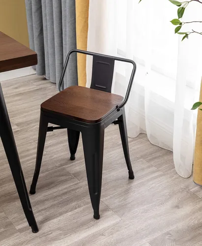 Miniatura 8 de HAOBO Home Taburetes de bar industriales de metal, taburetes de bar con respaldo bajo con asiento de madera [juego de 4] sillas de comedor de 18
