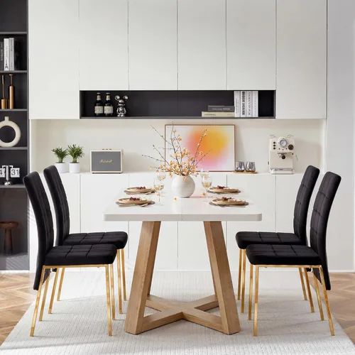 Miniatura 18 de Howtek Juego de mesa de comedor rectangular para 4, moderno de mediados de siglo con 4 sillas de cocina de terciopelo tapizado negro, juego de mesa